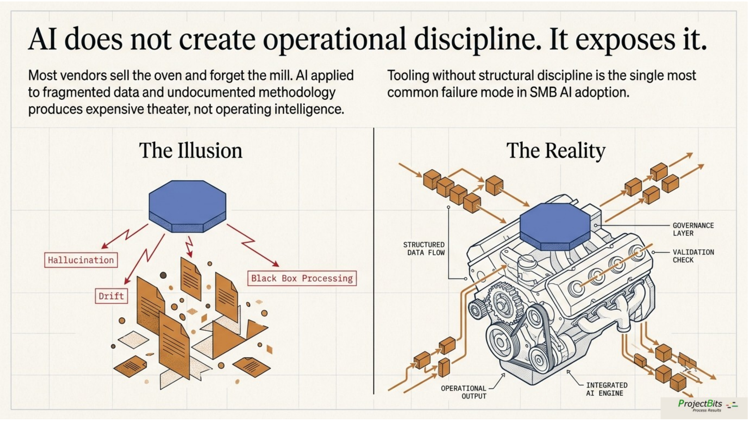 AI does not create operational discipline — The Illusion (a generic black box on top of fragmented data) versus The Reality (a structured engine of validation, integration, classification, and audit)