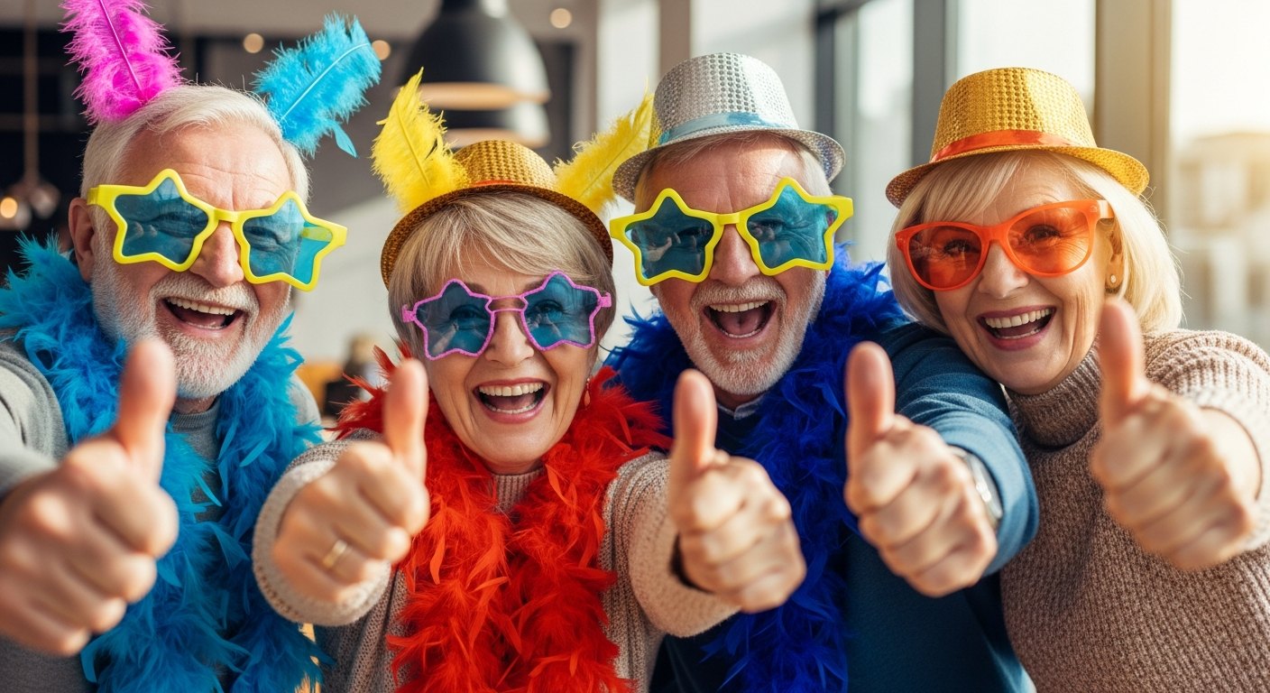 Cheerful seniors in playful sunglasses giving thumbs up