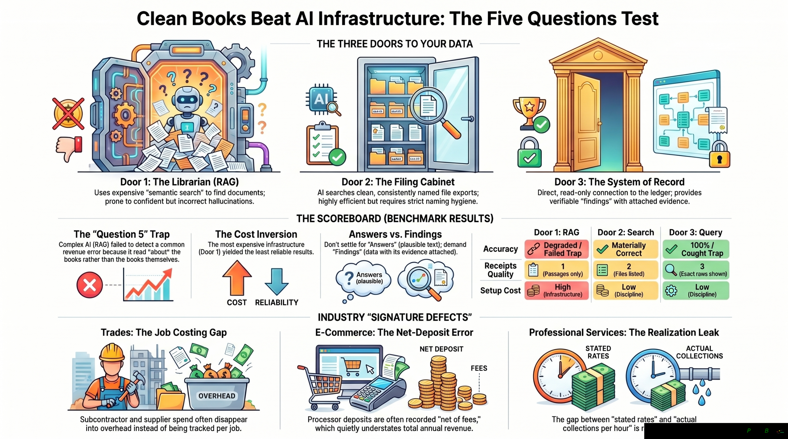 Clean Books Beat AI Infrastructure: the three doors to your data — the Librarian (RAG), the Filing Cabinet (agentic search), and the System of Record (governed query) — scored on accuracy, receipts quality, and setup cost, plus the industry signature defects the benchmark surfaces.