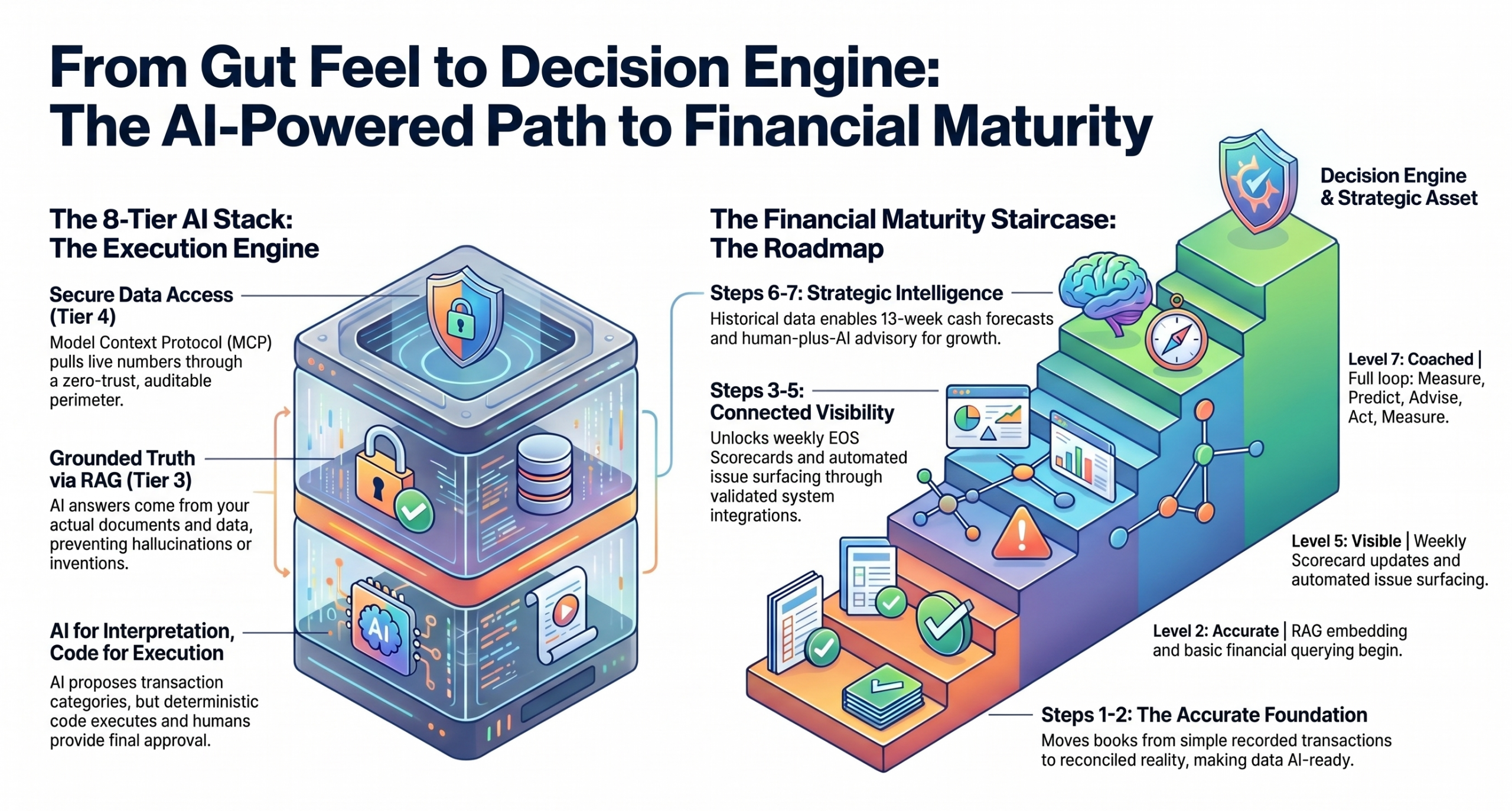From Gut Feel to Decision Engine: the AI-powered path up the Financial Maturity Staircase — accurate foundation, connected visibility, strategic intelligence — turning trustworthy books into a forward-looking decision engine and a strategic asset.