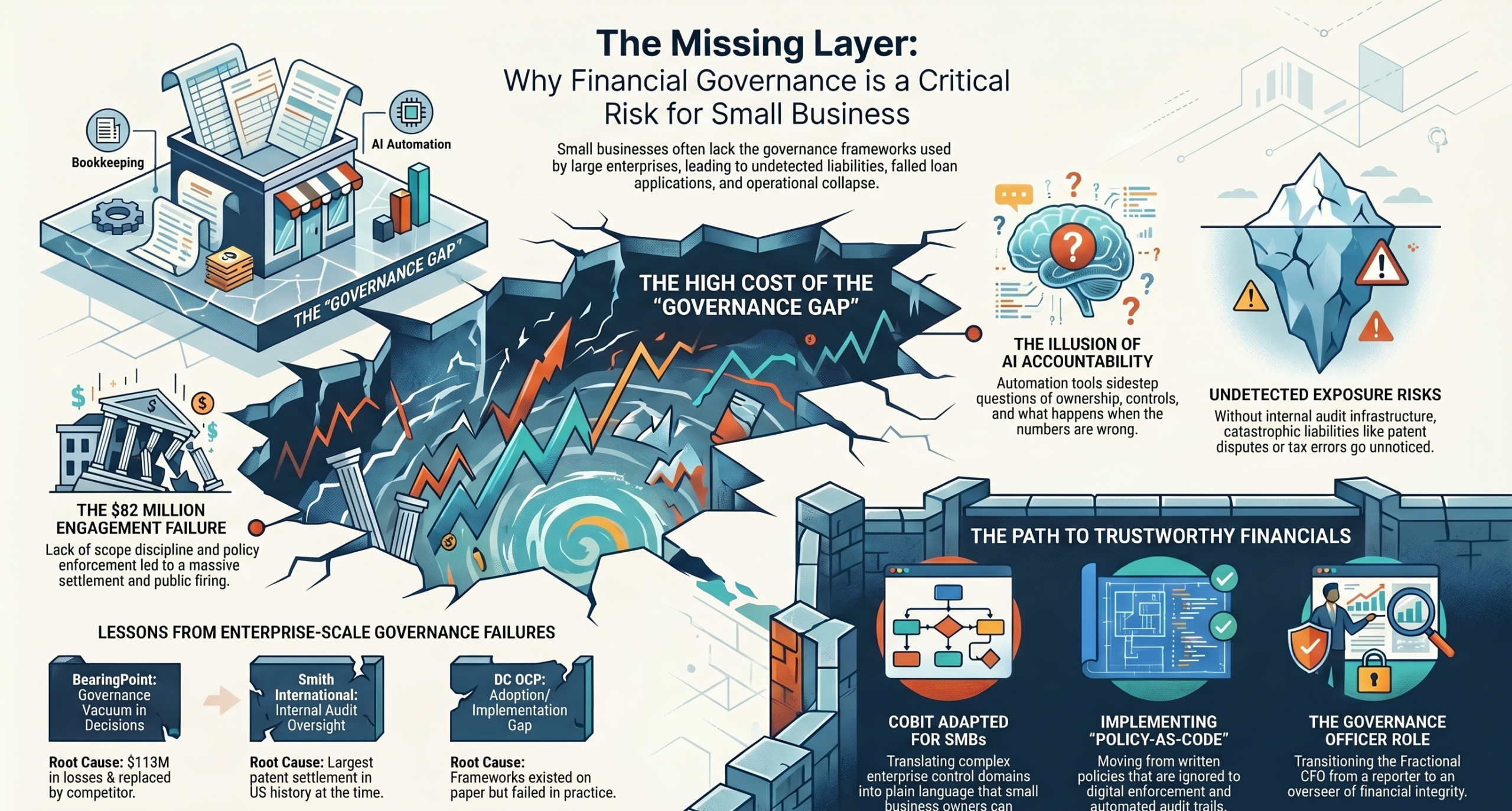 The Missing Layer: the governance gap that produces undetected liabilities and stalled AI initiatives, and the path to trustworthy financials through policy-as-code, audit oversight, and a defined governance role.