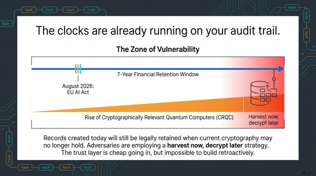Post-quantum vulnerability timeline for financial audit trails