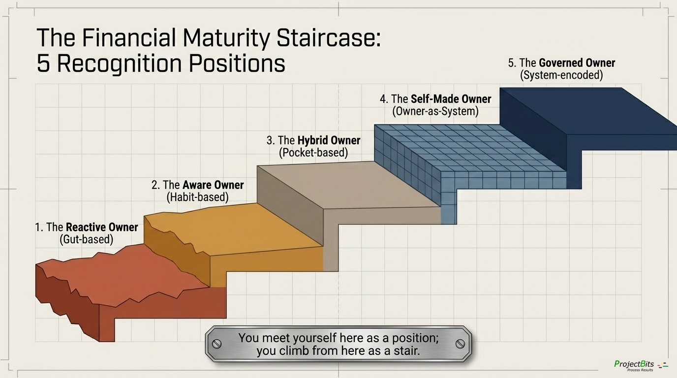 The Financial Maturity Staircase: five recognition positions, from the Reactive Owner to the Governed Owner. You meet yourself here as a position; you climb from here as a stair.