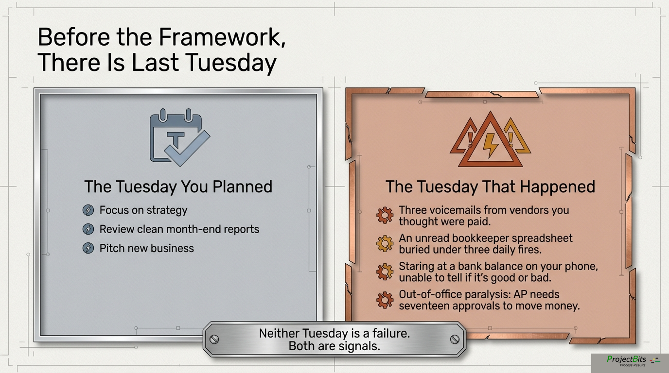 The Tuesday you planned versus the Tuesday that happened. Neither is a failure — both are signals.