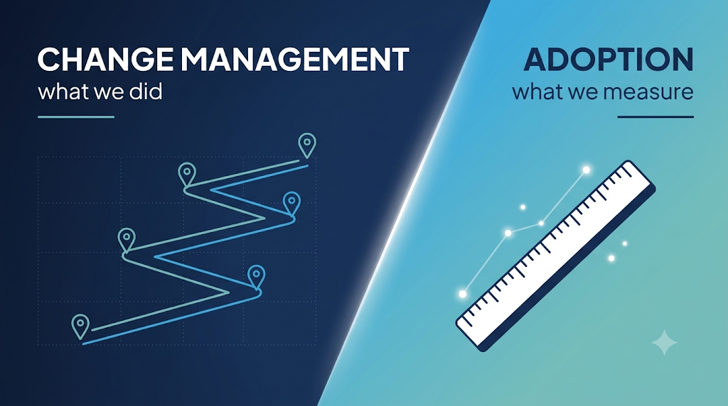 Split graphic contrasting change management, shown as a winding path with location pins, against adoption, shown as a ruler measuring an upward trend line