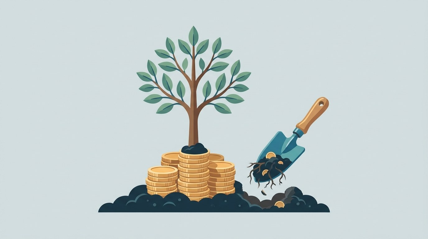 Coin-rooted tree beside a trowel of dug-out roots: a Solo 401k loan interrupts compounding