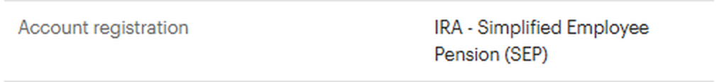 E*TRADE account registration line reading IRA - Simplified Employee Pension (SEP), an account type that cannot make a Solo 401k loan